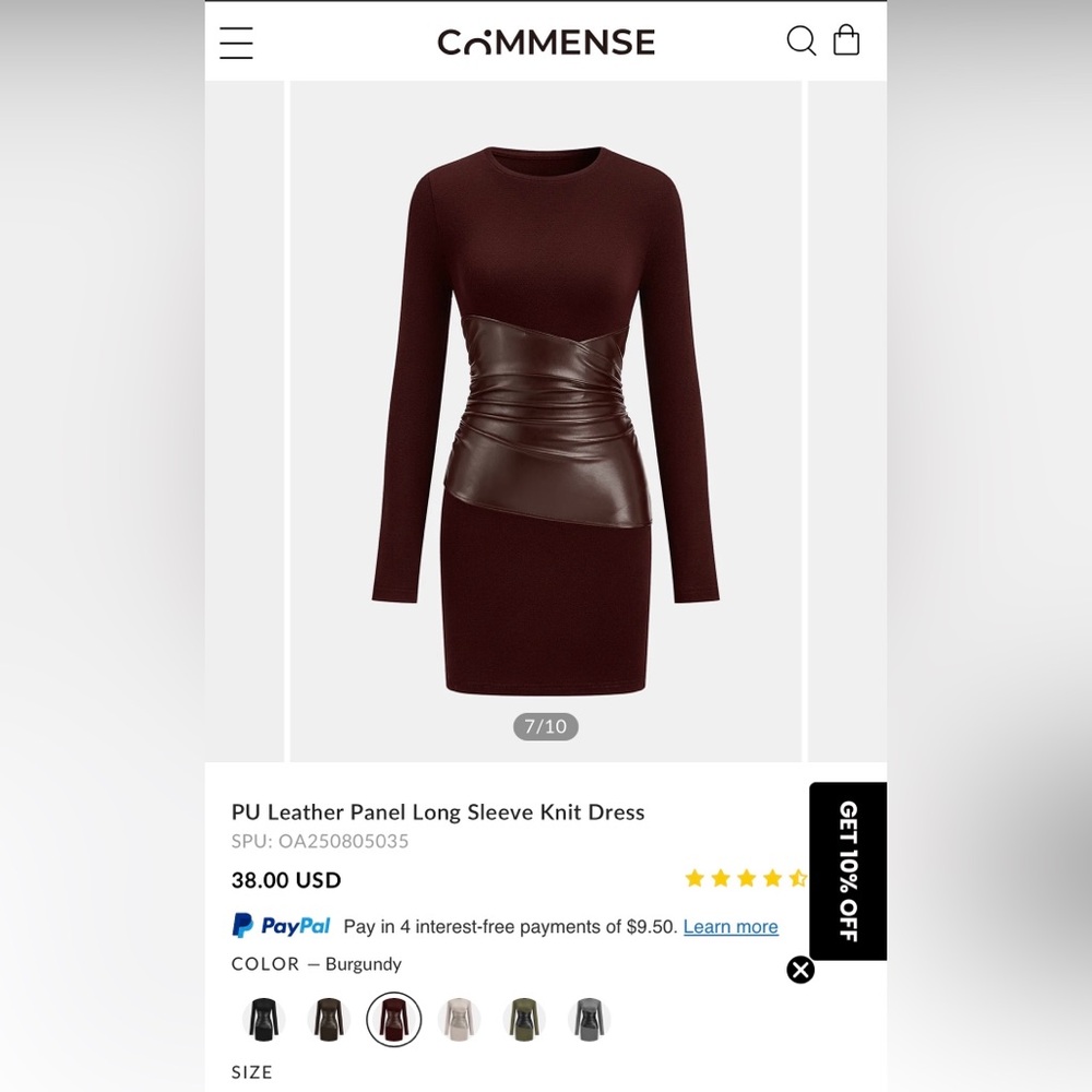Commense PU Leather Panel Long Sleeve Knit Dress - Burgundy